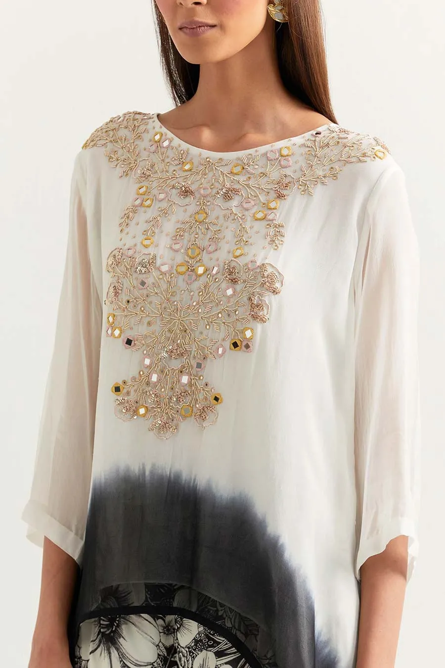Black & White Embroidered Tunic With Printed Gharara