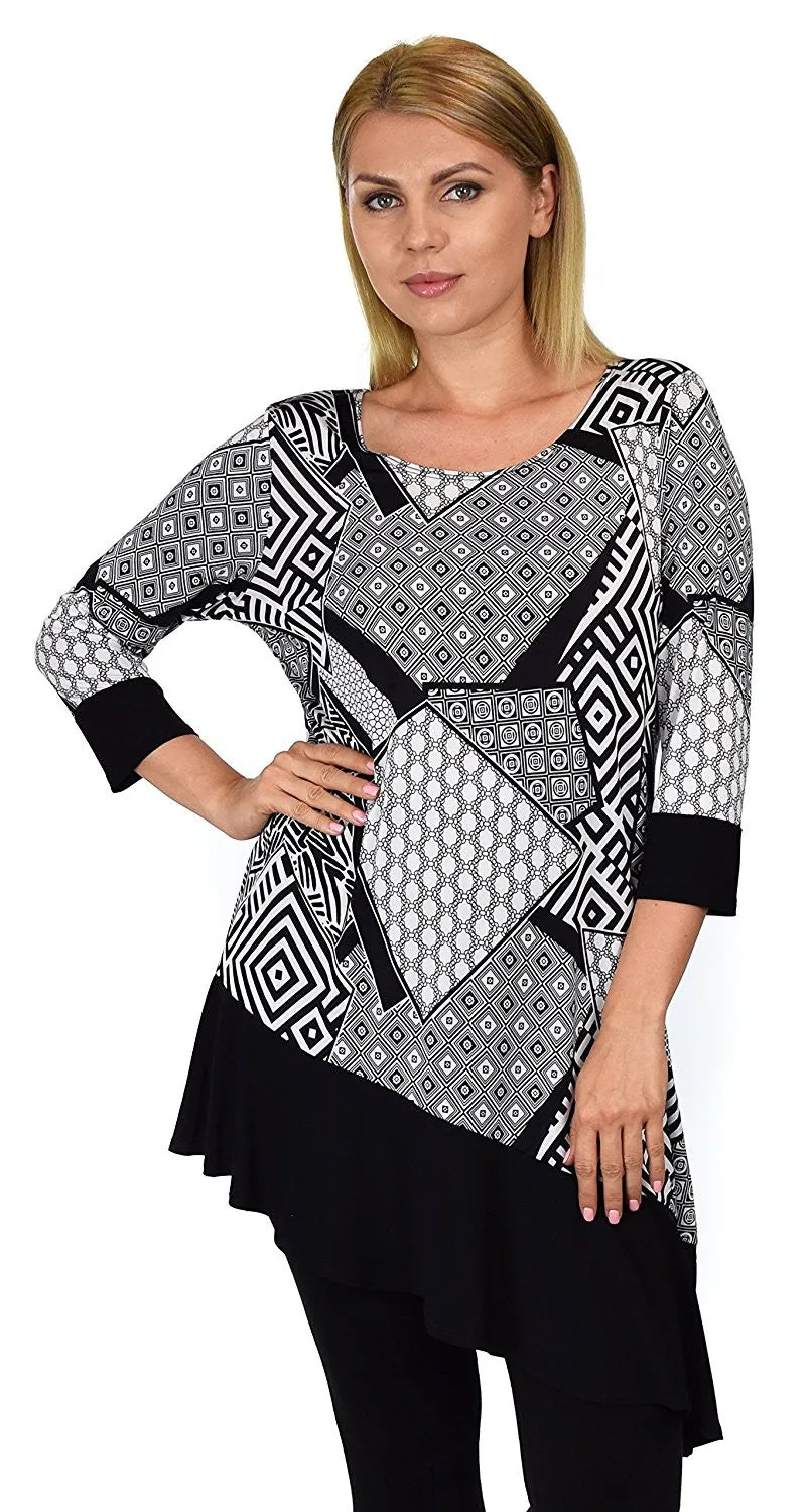 Black and White Abstract Print Tunic Blouse Shirt Top |Reg & Plus Sizes
