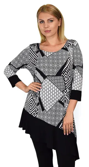 Black and White Abstract Print Tunic Blouse Shirt Top |Reg & Plus Sizes