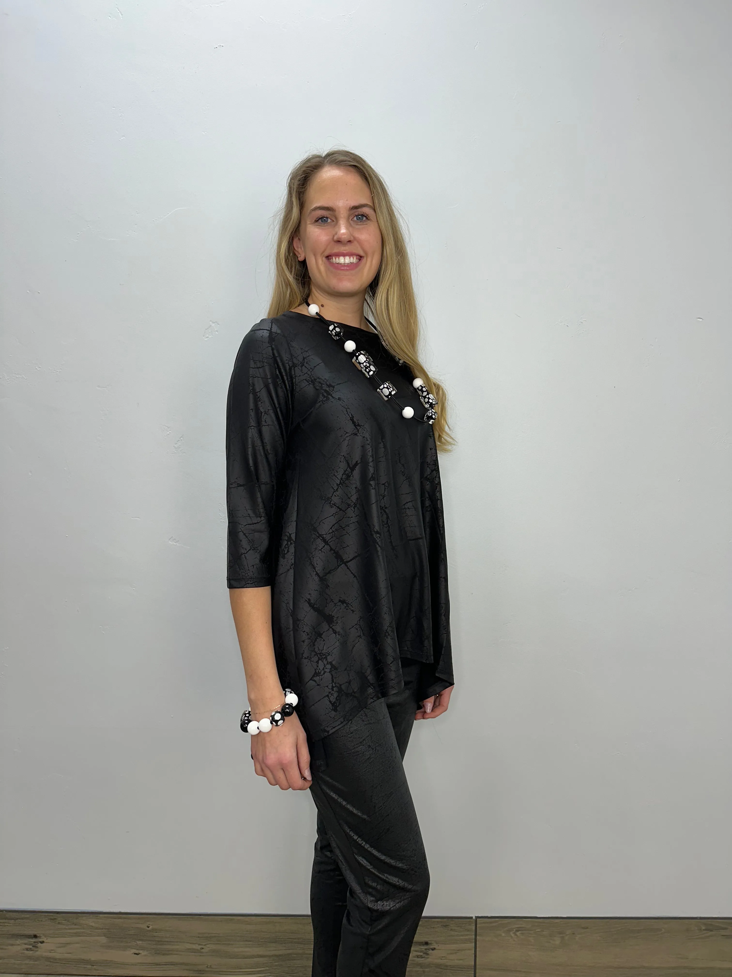 Black Faux Leather 3/4 Sleeve Tunic