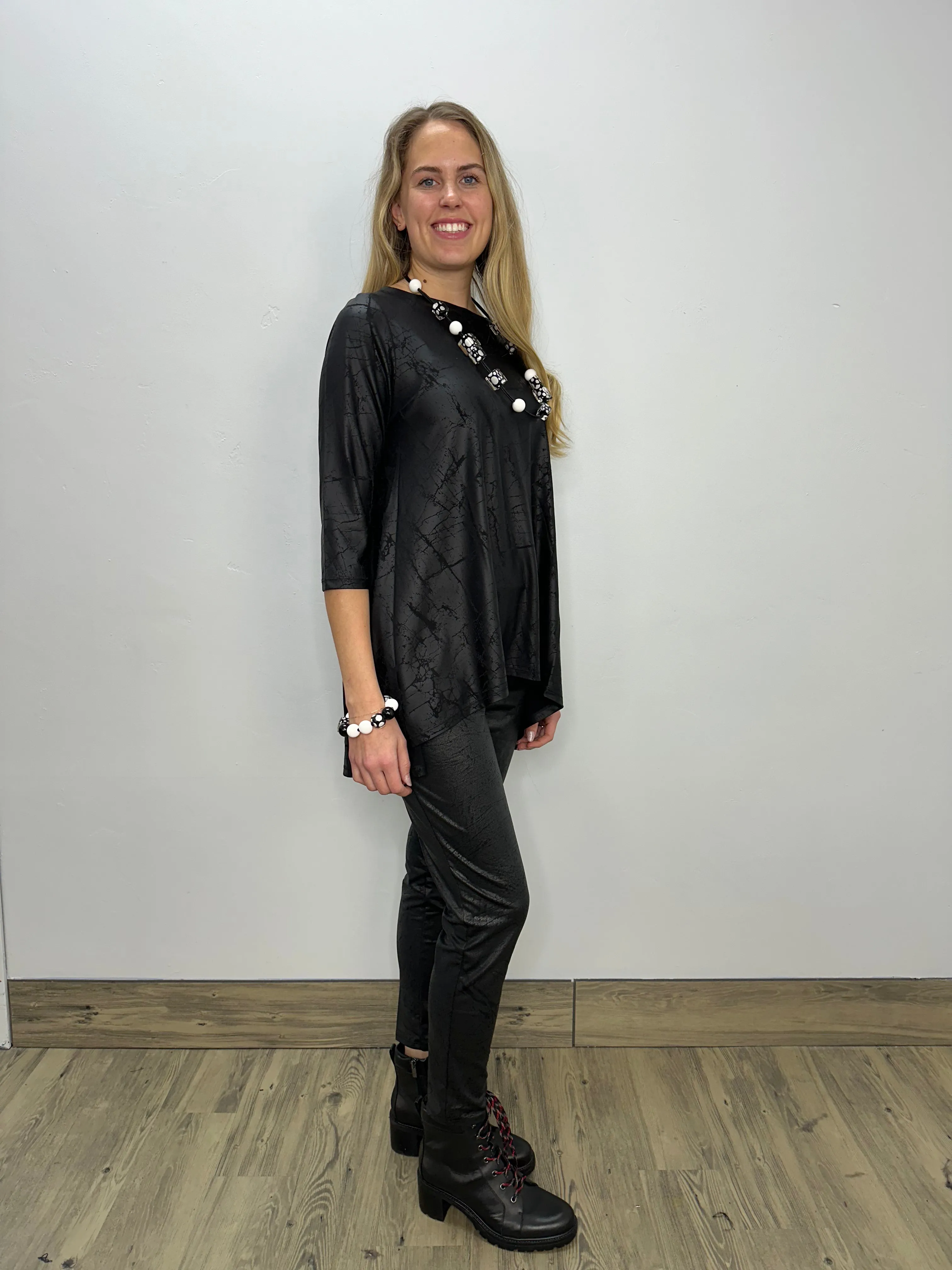 Black Faux Leather 3/4 Sleeve Tunic