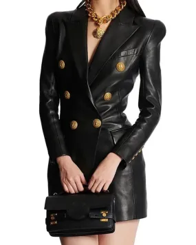 Black Leather Gold Button Blazer Dress