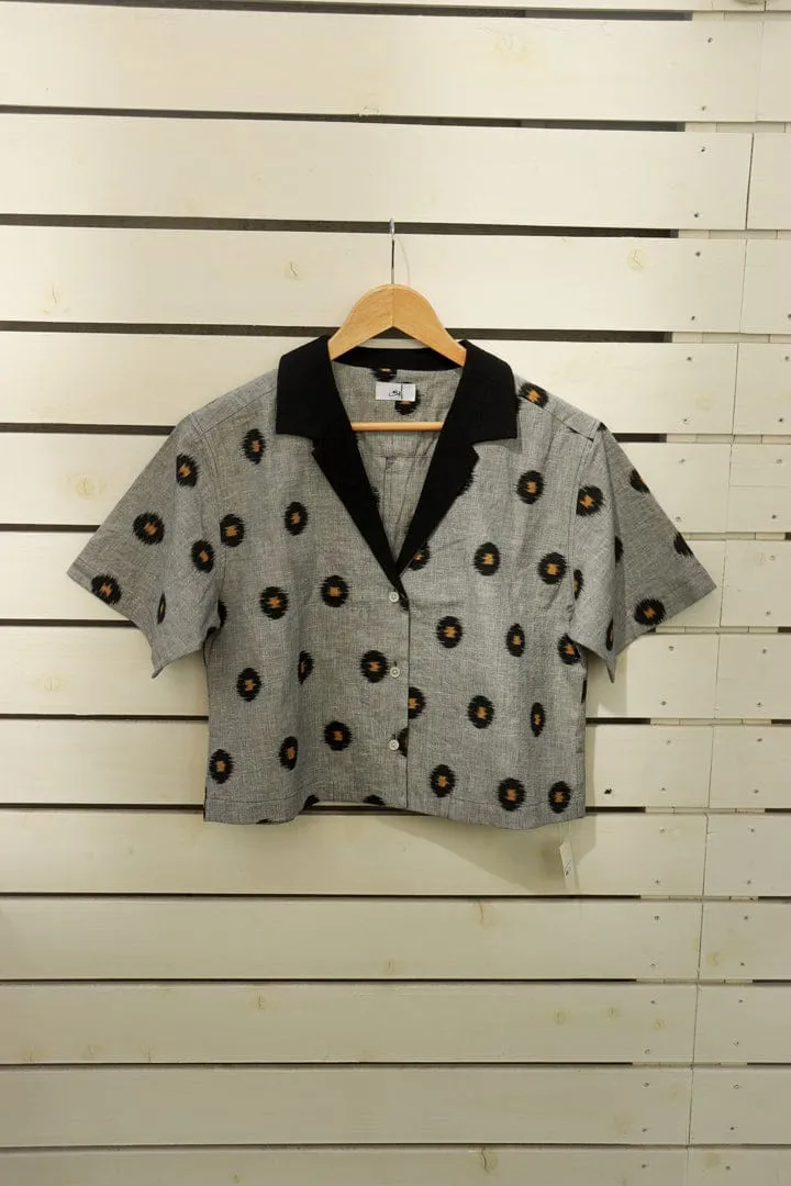 Black Ryukyu Kasuri-Crop Kimono Shirt