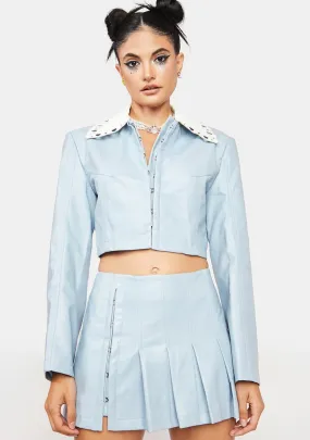 Blue Short Vegan Leather Jacket