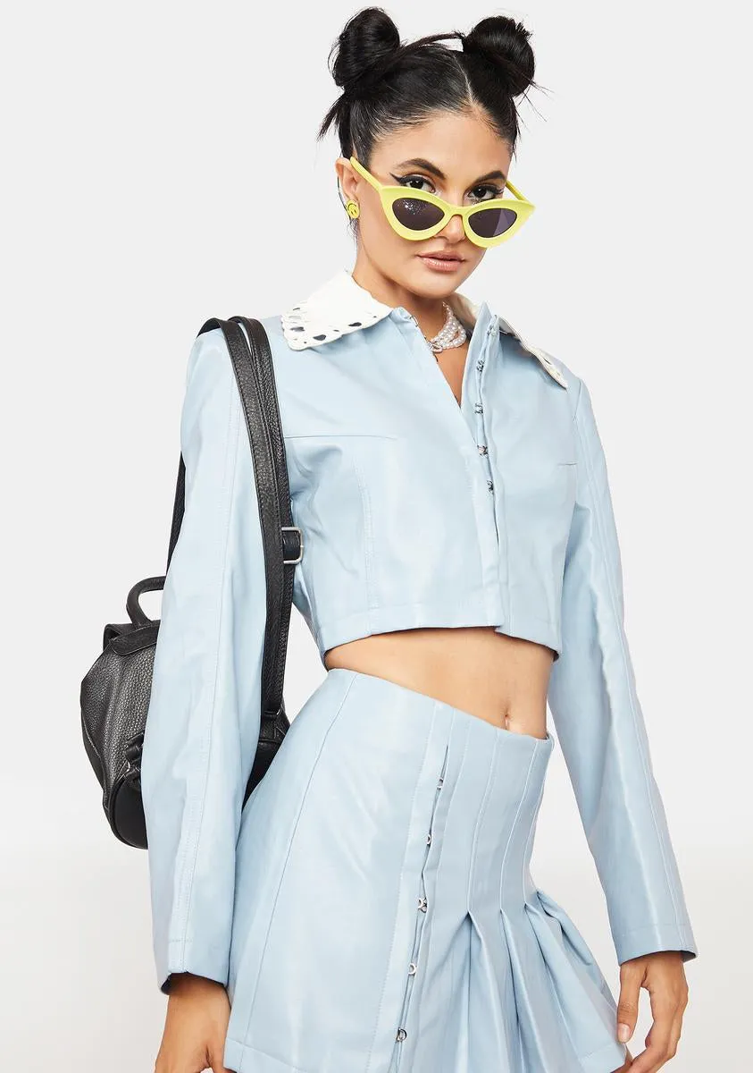 Blue Short Vegan Leather Jacket