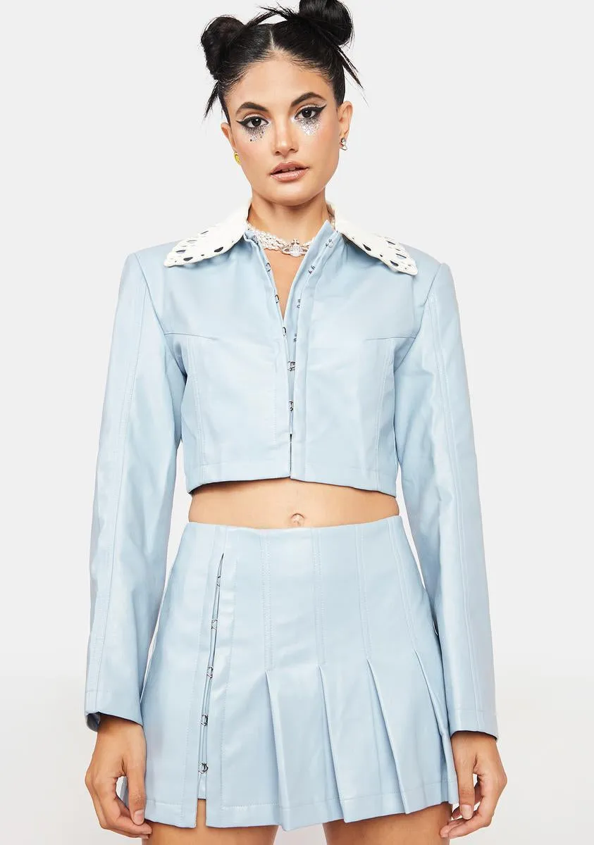 Blue Short Vegan Leather Jacket