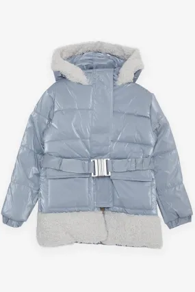 BRE Esso Mandolin Girl's Coat with Belted Plush Hooded Hood, 2-6 Years, Ice Blue - Cranbourne