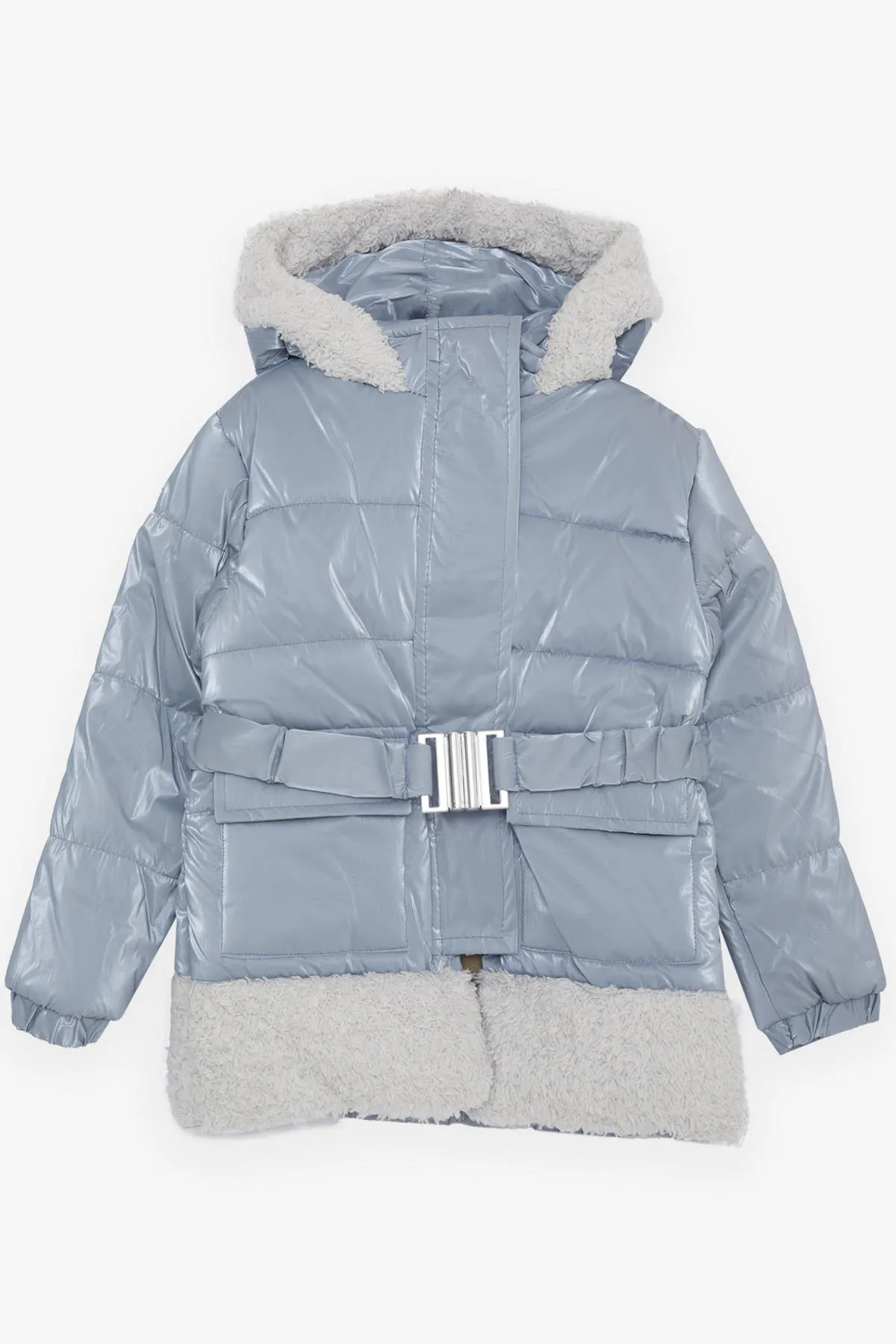 BRE Esso Mandolin Girl's Coat with Belted Plush Hooded Hood, 2-6 Years, Ice Blue - Cranbourne