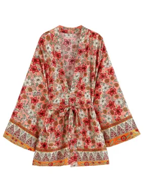 Bridal Wear Floral Print Orange & Black Cotton Short Length Gown Kimono Duster Robe