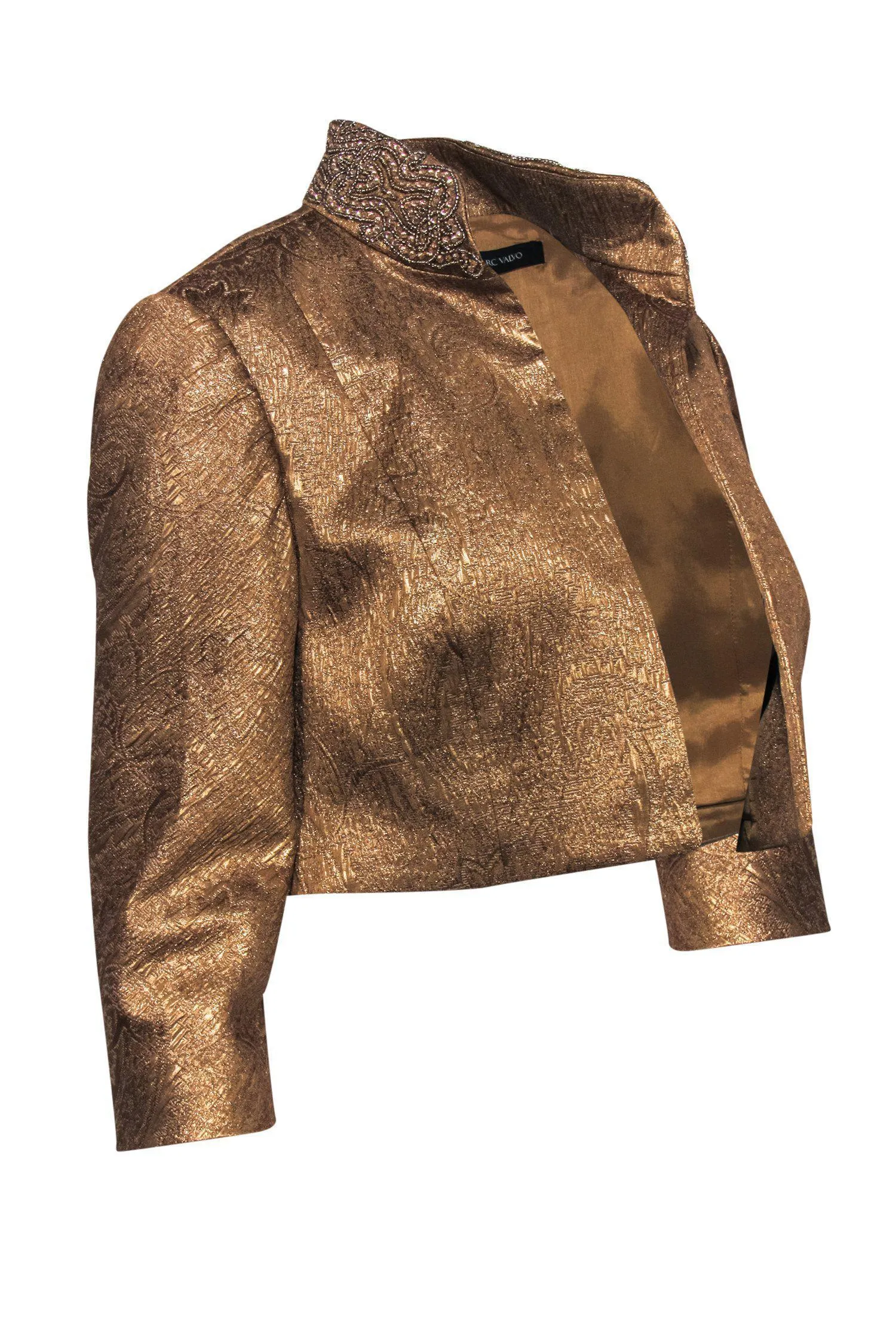 Carmen Marc Valvo - Gold Textured Cropped Jacket w/ Beading Sz 6