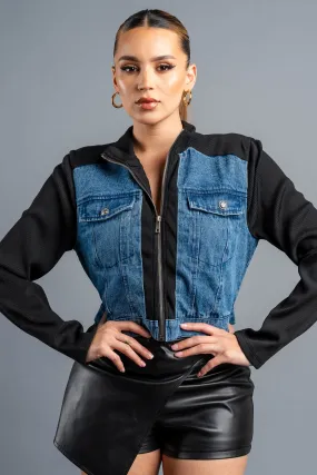 CHIC WASHED DENIM ZIPUP CROPPED RIDER JACKET
