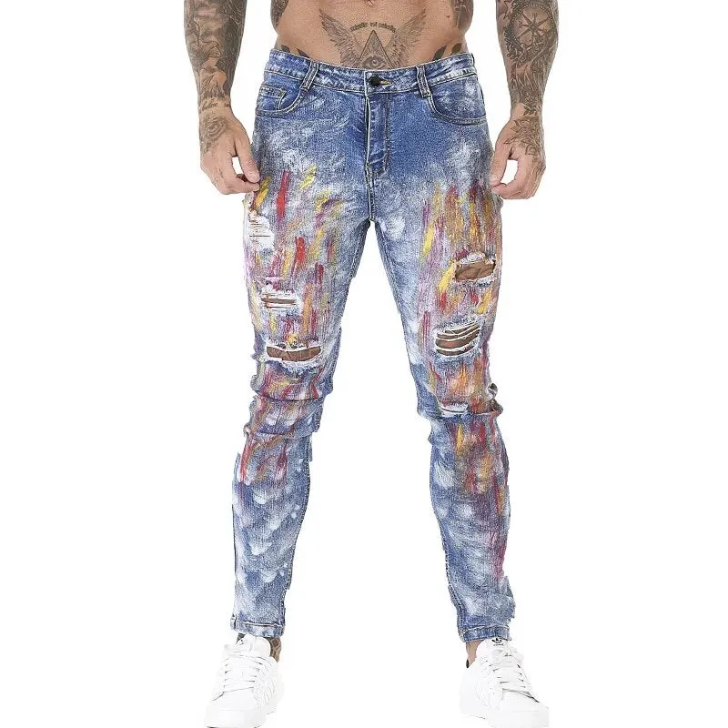 Colorful Print Ripped Skinny Jeans