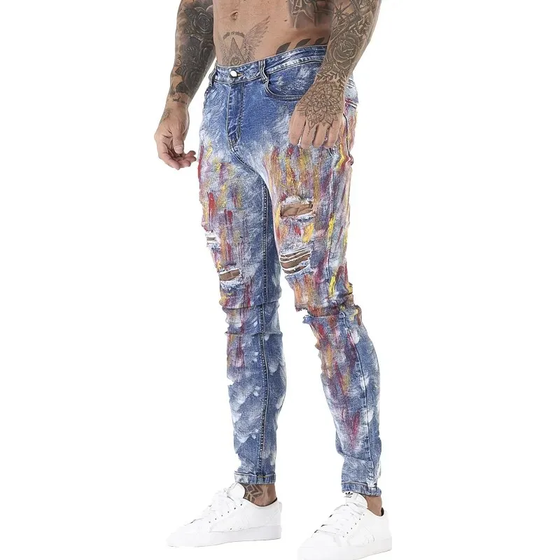 Colorful Print Ripped Skinny Jeans