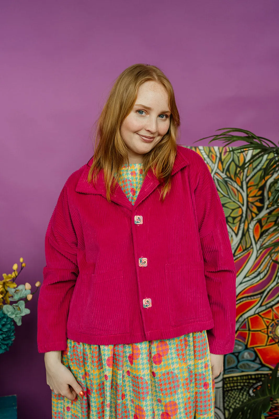 Corduroy Cropped Chore Jacket in Pink   1 Colour