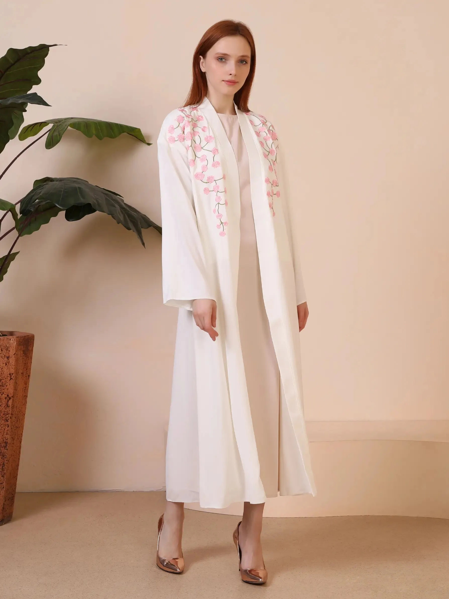 Cream Floral Embroidered Kimono