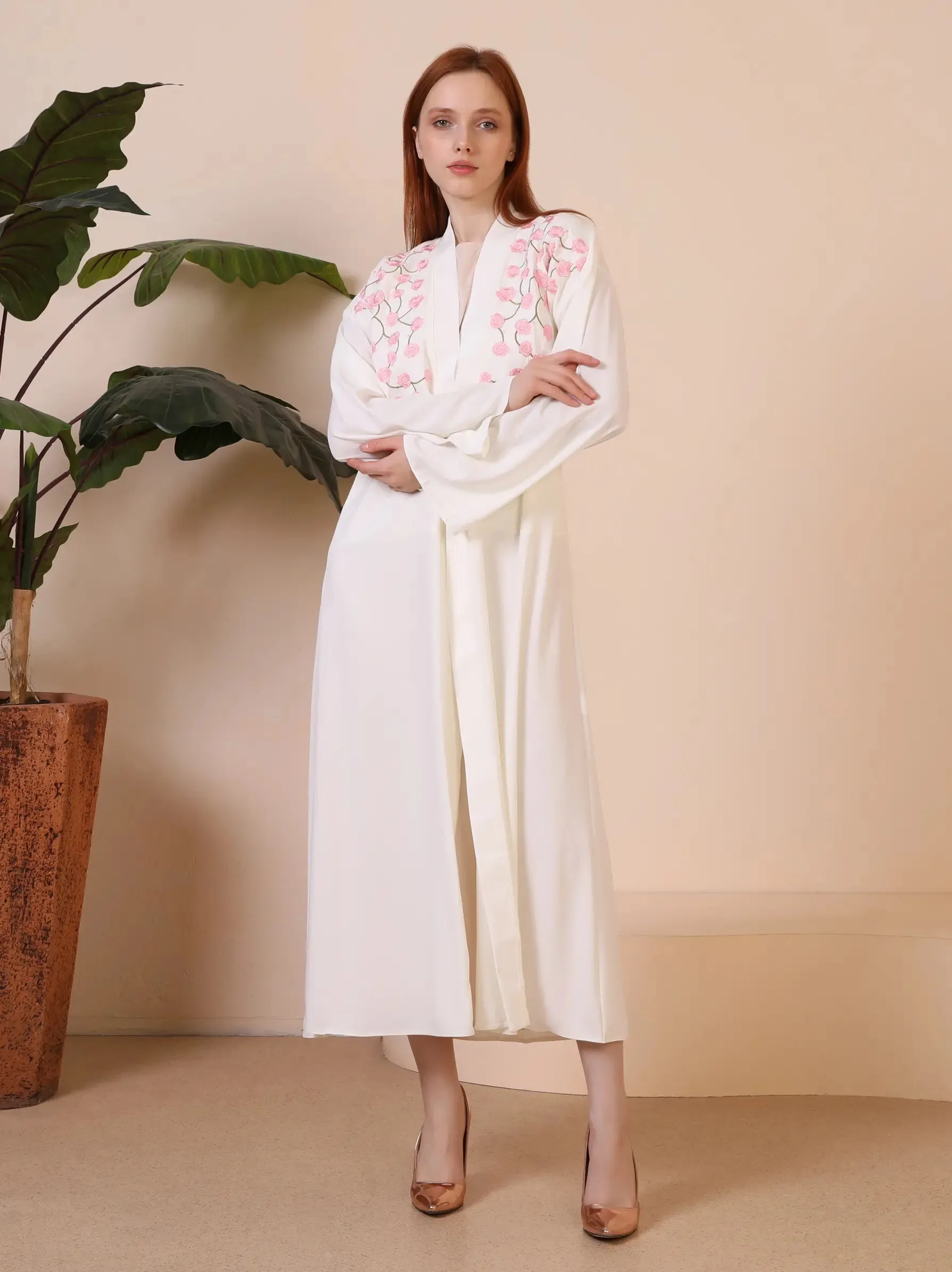 Cream Floral Embroidered Kimono