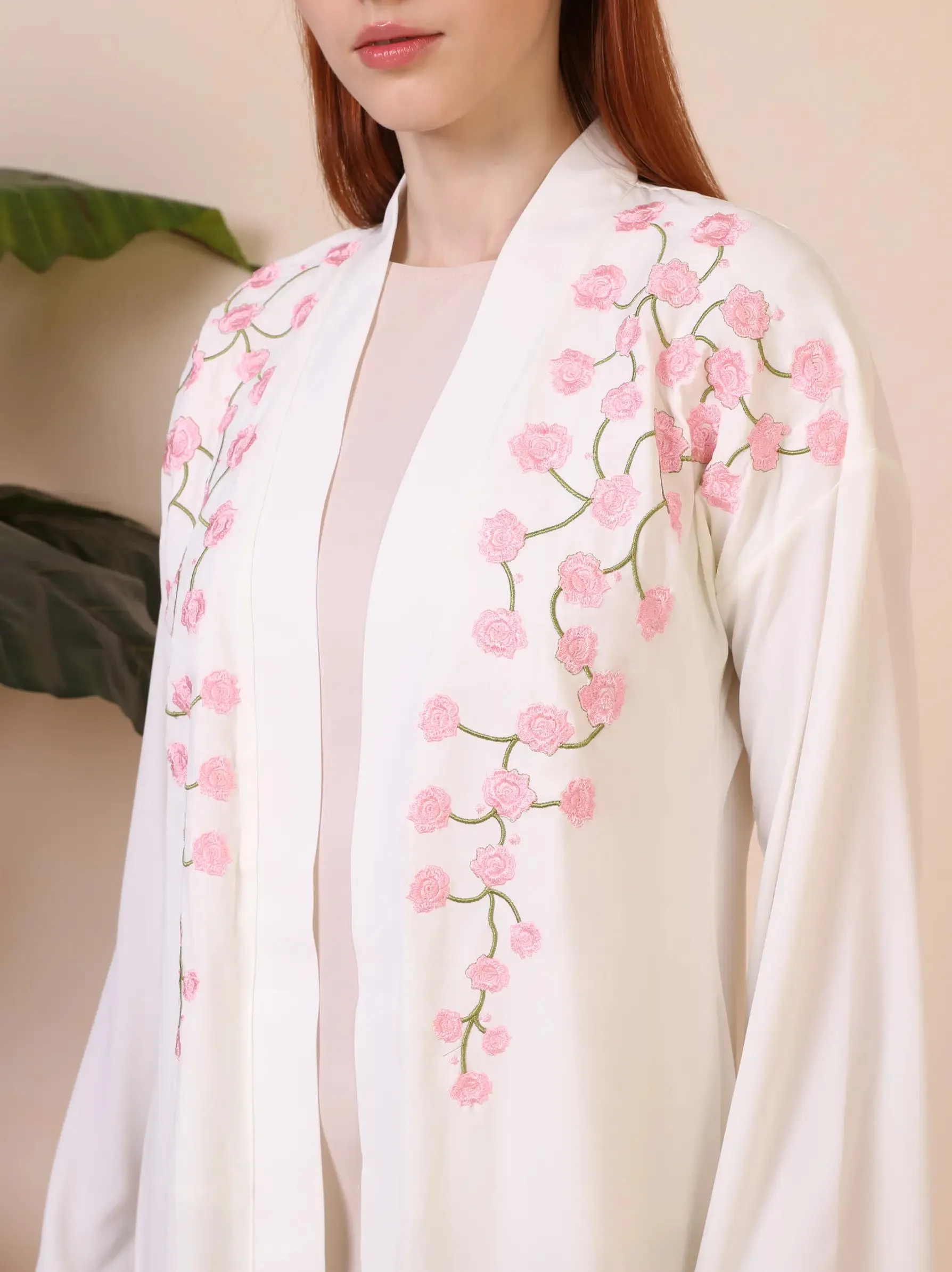 Cream Floral Embroidered Kimono