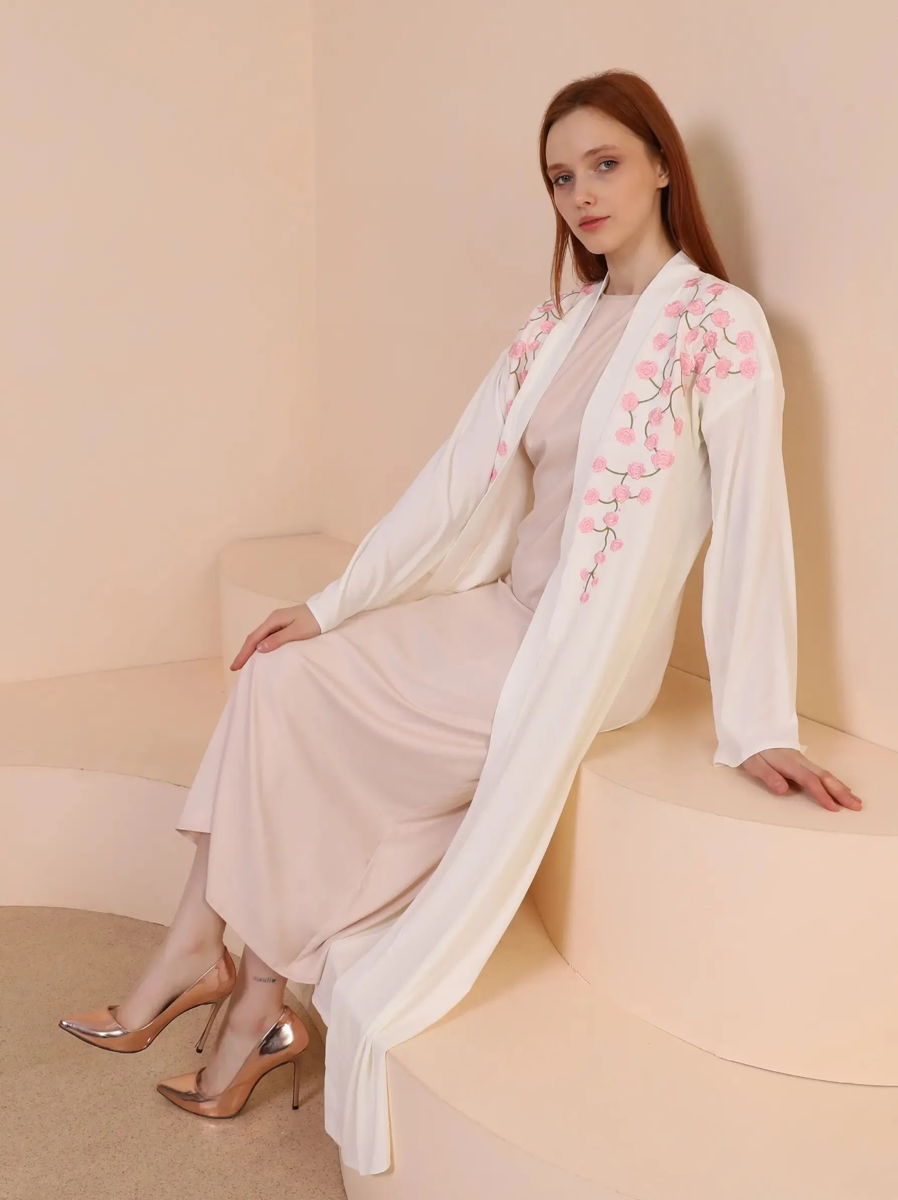 Cream Floral Embroidered Kimono