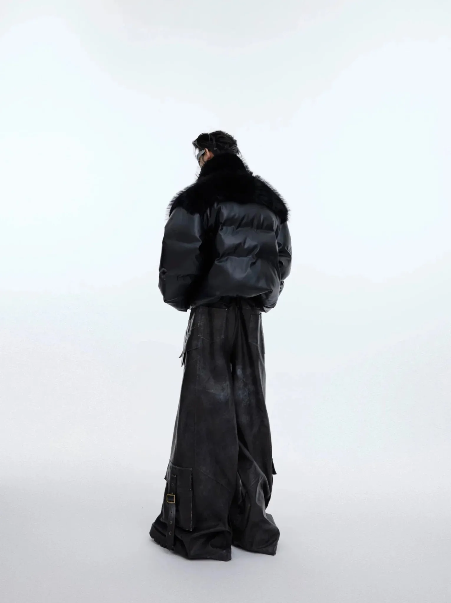 Faux Leather Patchwork Puffer Jacket | Unique Collared Short Coat for Men