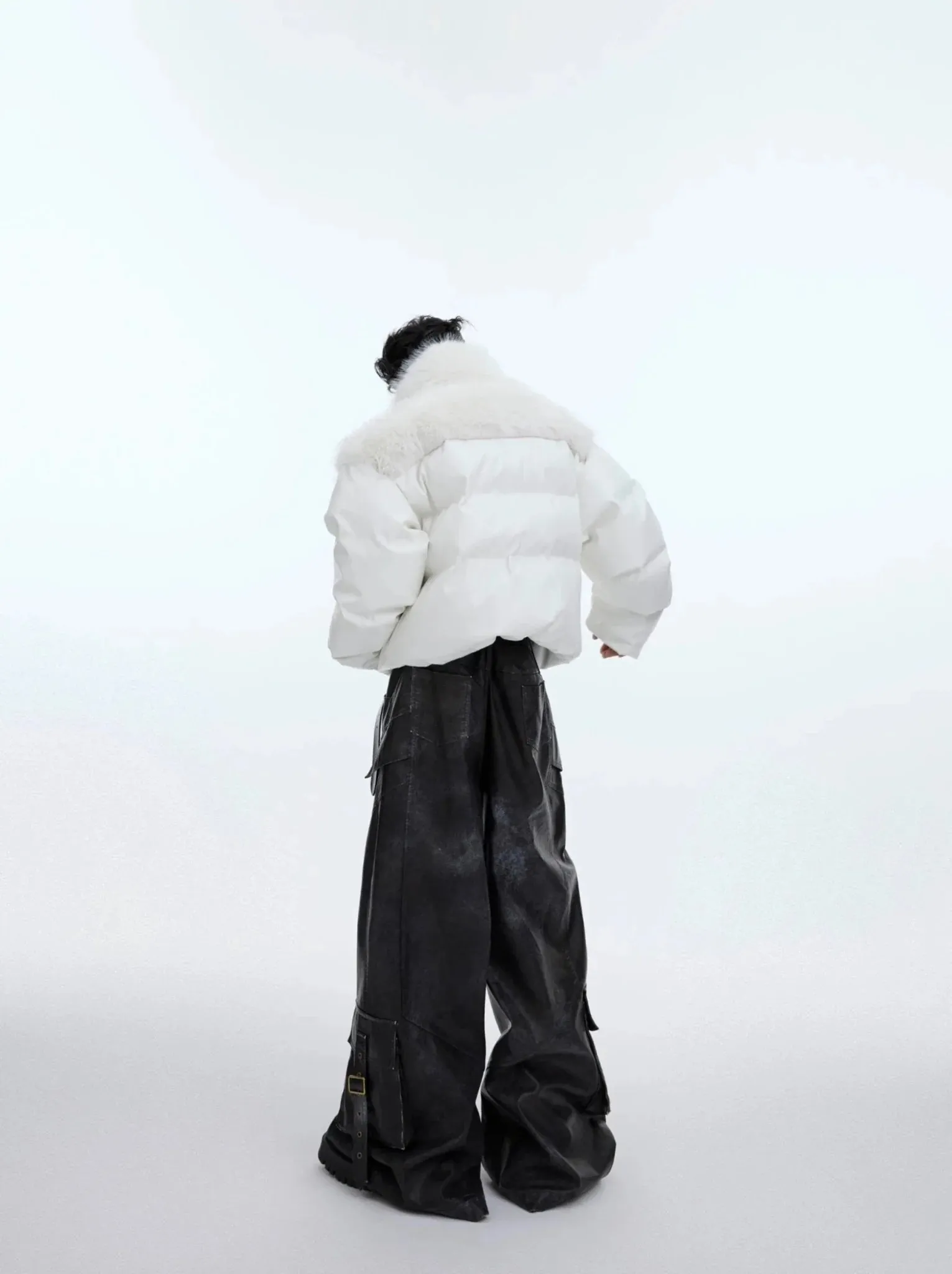 Faux Leather Patchwork Puffer Jacket | Unique Collared Short Coat for Men