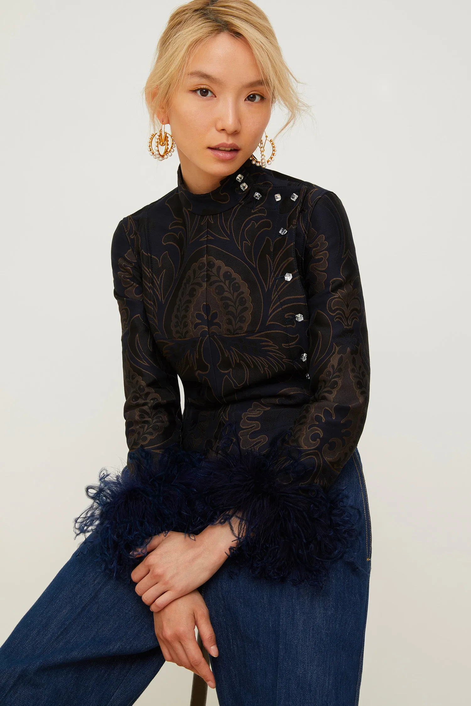 Feather-embellished silk brocade jacket