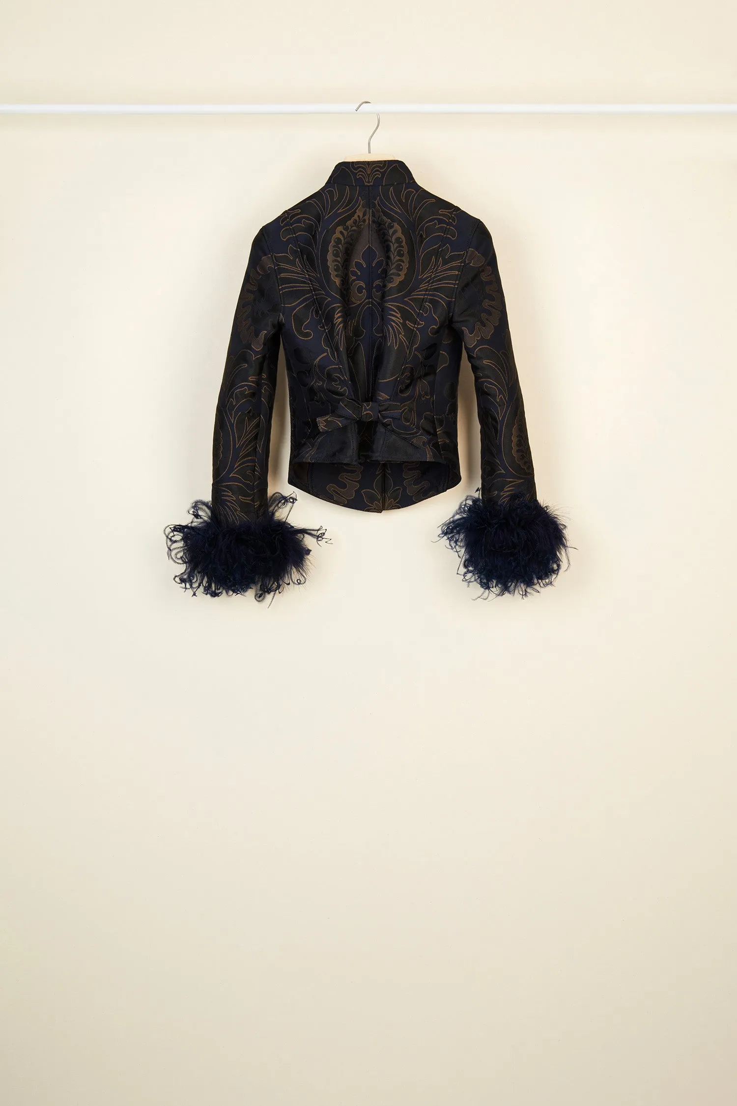 Feather-embellished silk brocade jacket