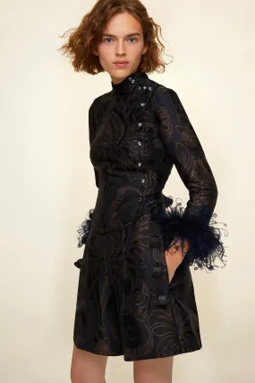 Feather-embellished silk brocade jacket