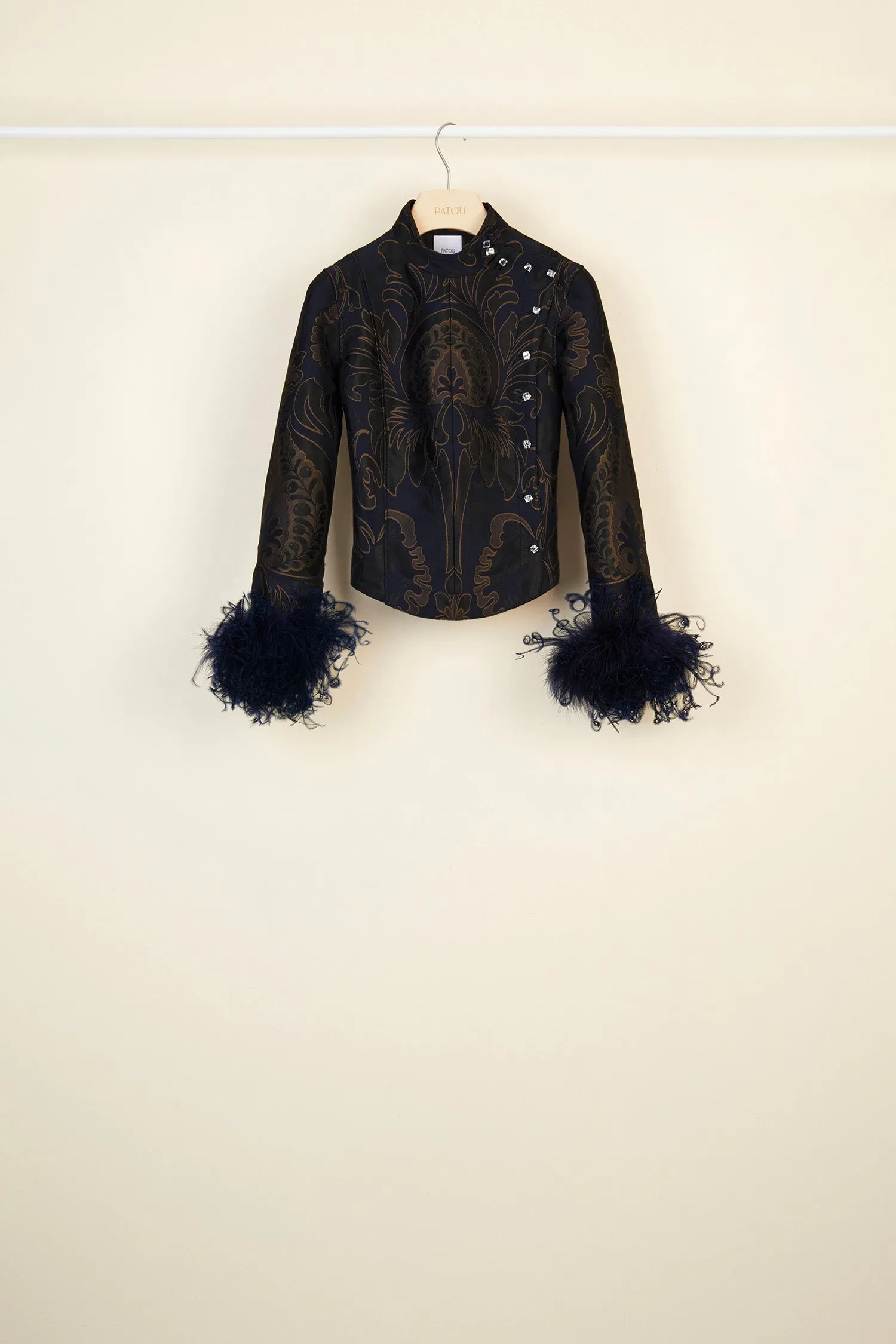 Feather-embellished silk brocade jacket