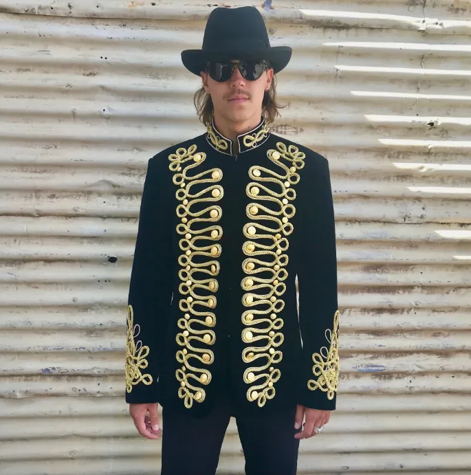 Festival Party Jacket Men's Tuxedo Blazer Gold Black Captain Jacket Burning Man