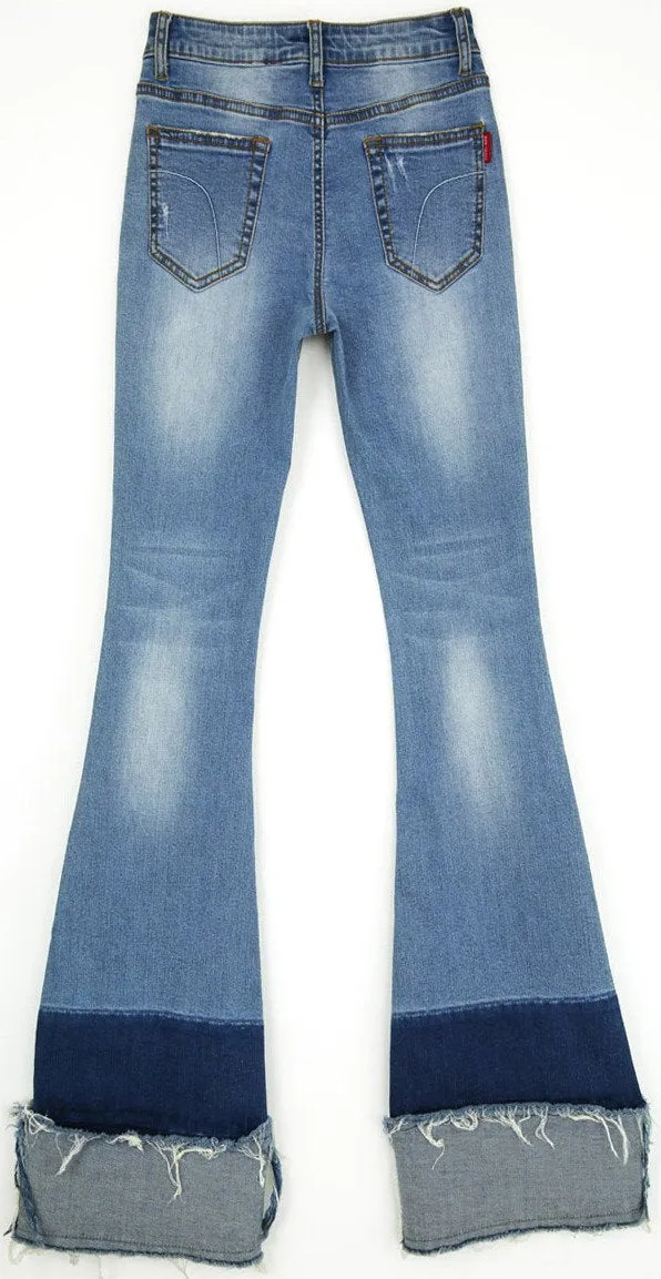 Flared & Frayed Color-Block Jeans