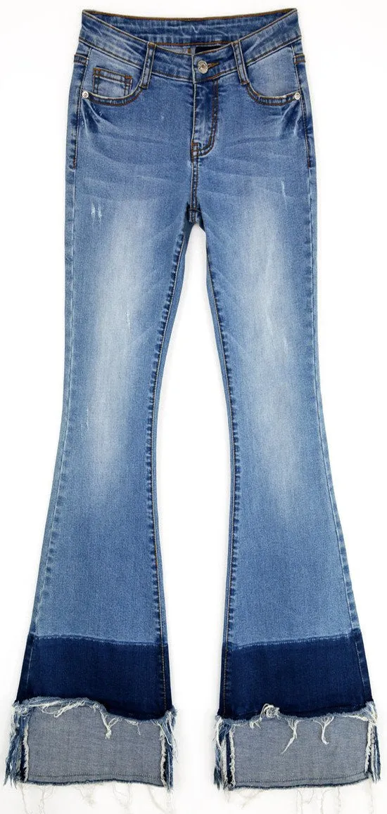 Flared & Frayed Color-Block Jeans
