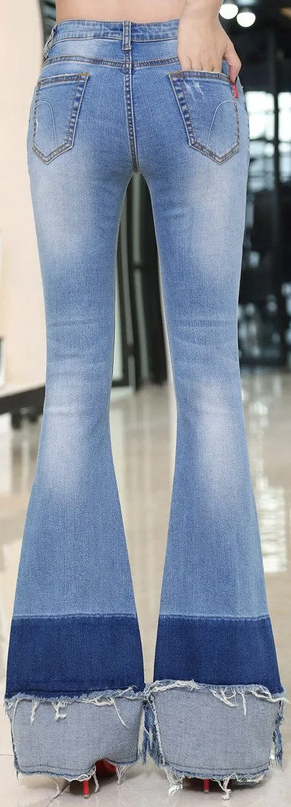 Flared & Frayed Color-Block Jeans