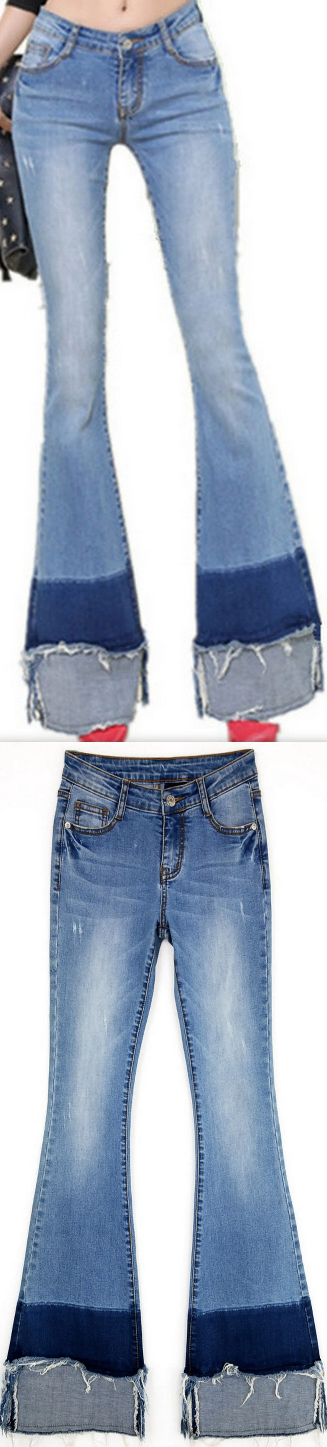 Flared & Frayed Color-Block Jeans