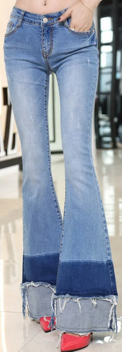 Flared & Frayed Color-Block Jeans
