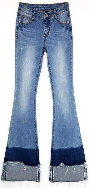 Flared & Frayed Color-Block Jeans