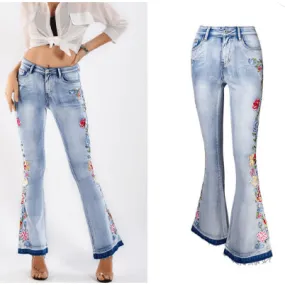 Flared Denim Stretch Jeans with Heavily Embroidered Flowers