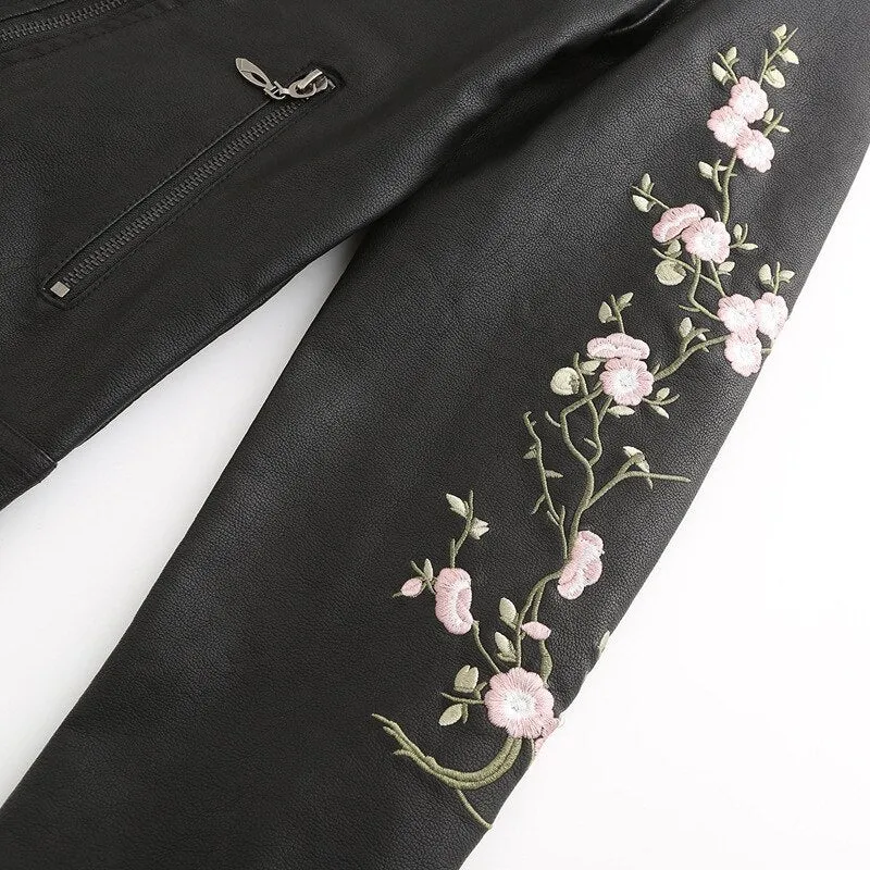 Floral Embroidered Leather Moto Jacket