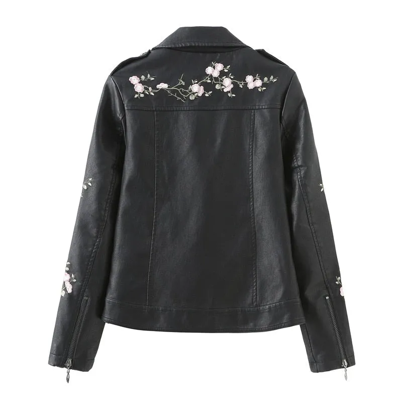 Floral Embroidered Leather Moto Jacket
