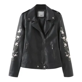 Floral Embroidered Leather Moto Jacket