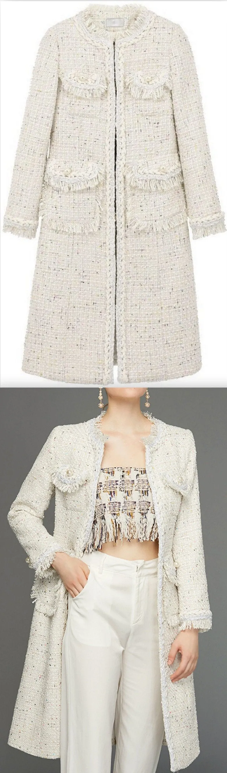 Fringe-Trimmed Tweed Coat