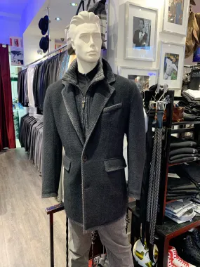 Gimos Over Coat: Navy Knit Hybrid with Removable High Mock-Neck Vested Insert