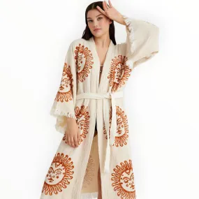 Hand-Woven Natural Cotton Brown Sun Pattern Turkish Towel Kimono