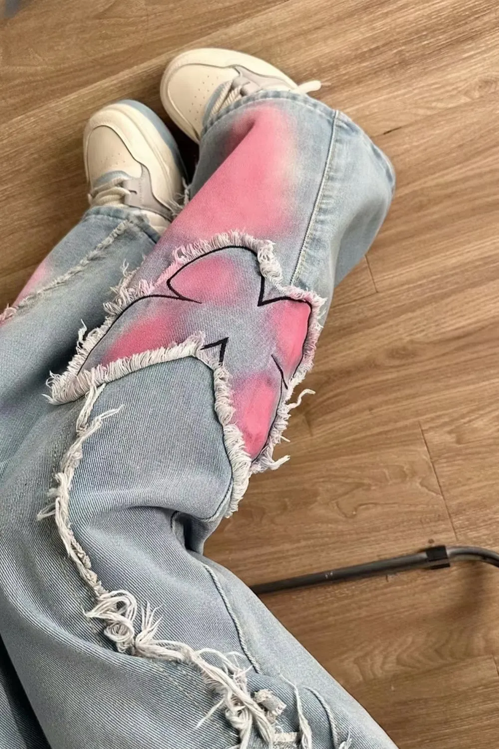 High Waist Retro Pink Blended Butterfly Jeans Pants