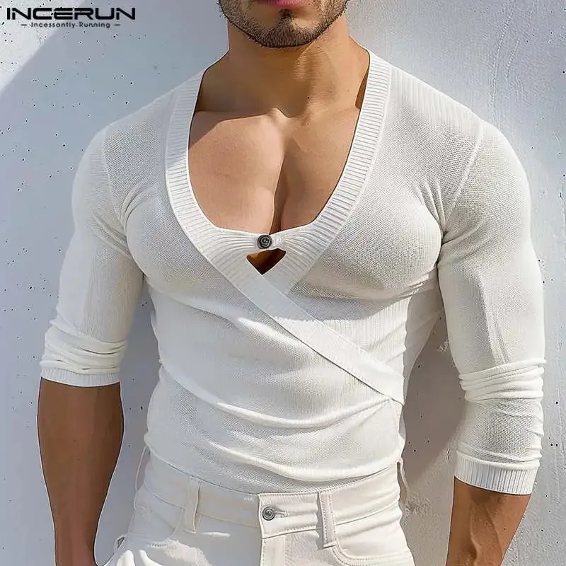 INCERUN männer Casual Langarm Tops Amerikanische Mode Solide Elegante Tees Aushöhlen Sexy Quadrat Kragen Streetwear Männliche T-shirt