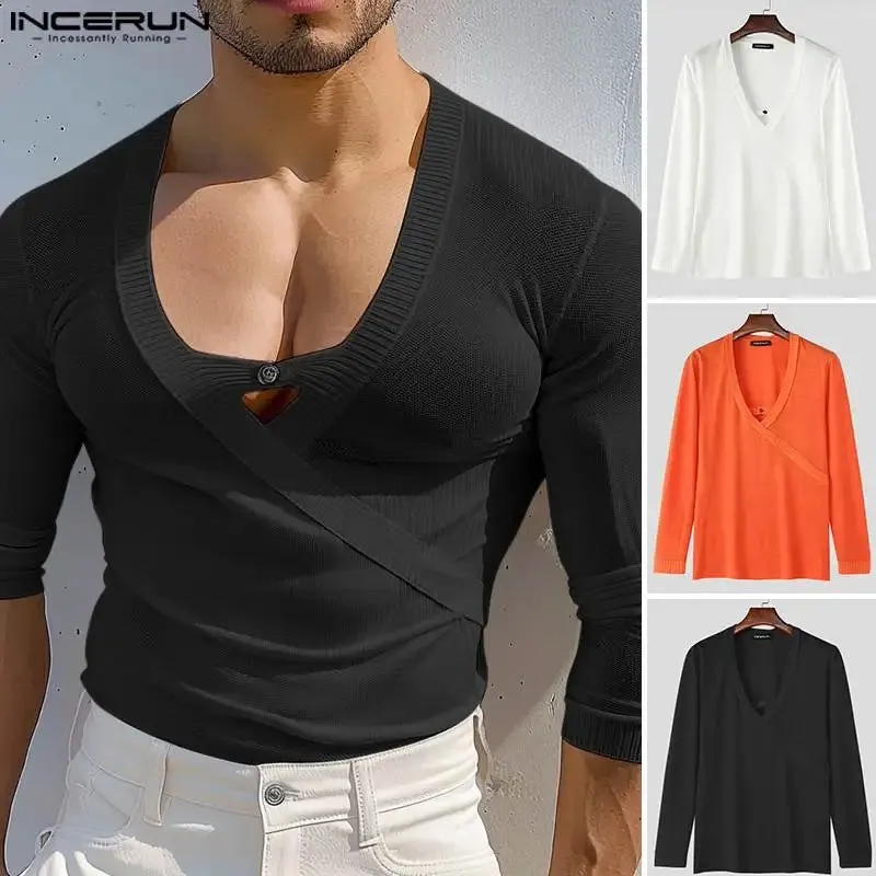INCERUN männer Casual Langarm Tops Amerikanische Mode Solide Elegante Tees Aushöhlen Sexy Quadrat Kragen Streetwear Männliche T-shirt
