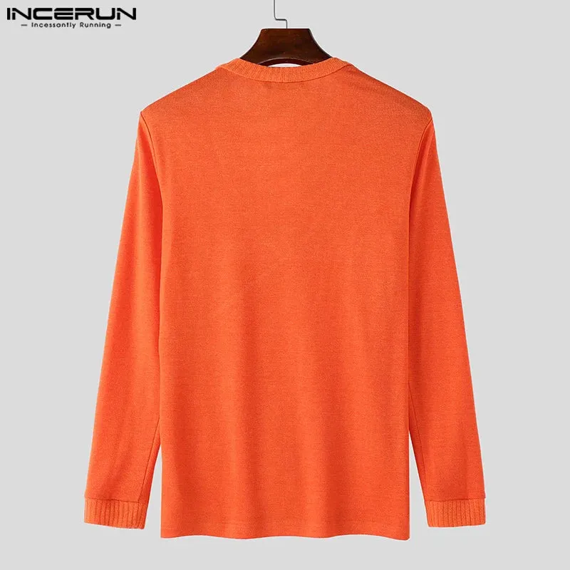 INCERUN männer Casual Langarm Tops Amerikanische Mode Solide Elegante Tees Aushöhlen Sexy Quadrat Kragen Streetwear Männliche T-shirt