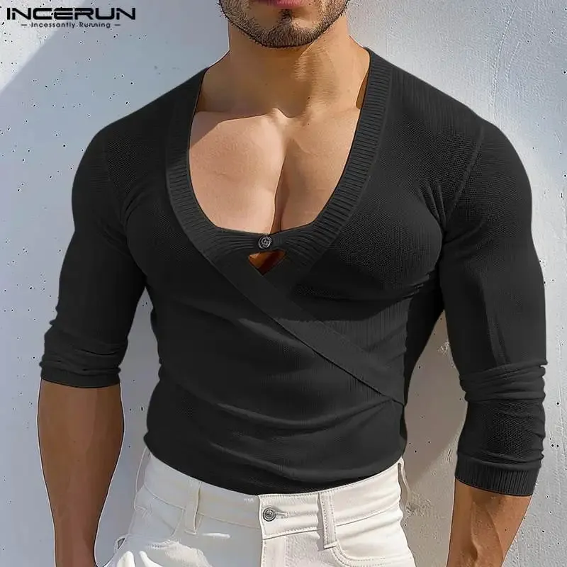 INCERUN männer Casual Langarm Tops Amerikanische Mode Solide Elegante Tees Aushöhlen Sexy Quadrat Kragen Streetwear Männliche T-shirt