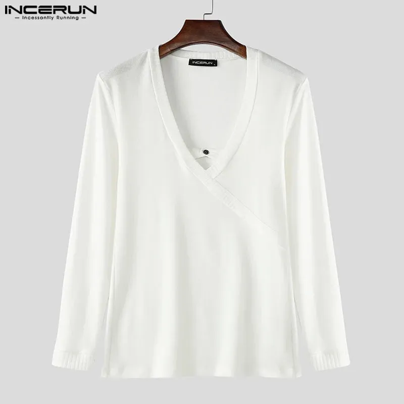 INCERUN männer Casual Langarm Tops Amerikanische Mode Solide Elegante Tees Aushöhlen Sexy Quadrat Kragen Streetwear Männliche T-shirt