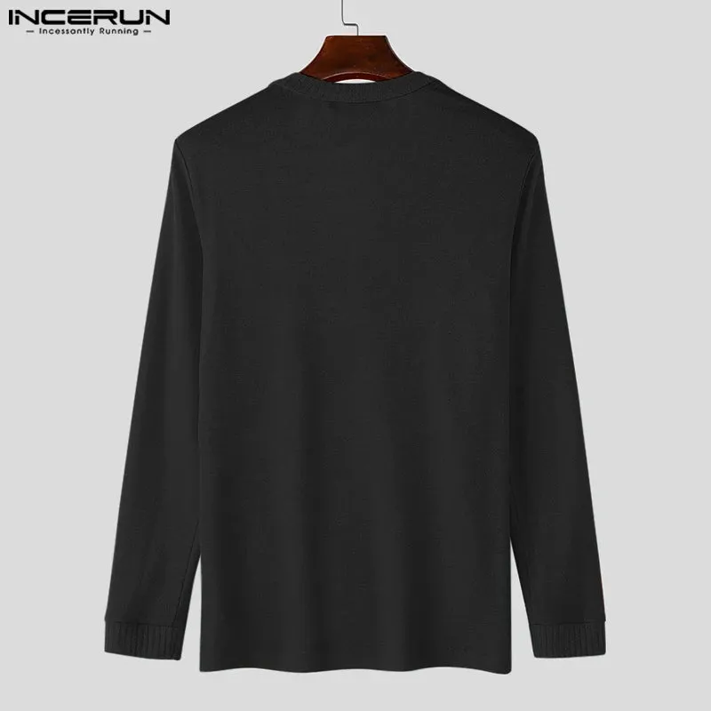INCERUN männer Casual Langarm Tops Amerikanische Mode Solide Elegante Tees Aushöhlen Sexy Quadrat Kragen Streetwear Männliche T-shirt