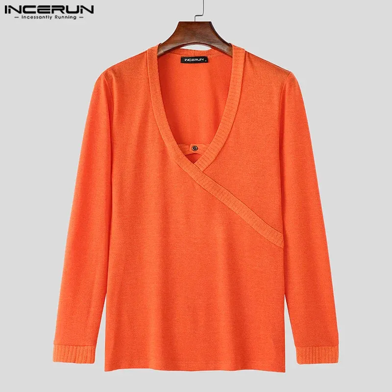 INCERUN männer Casual Langarm Tops Amerikanische Mode Solide Elegante Tees Aushöhlen Sexy Quadrat Kragen Streetwear Männliche T-shirt